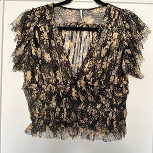 Free People Floral Ruffle V-Neck Top